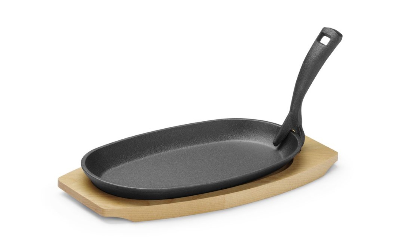Plat en fonte avec dessous en bois et poignée avec pince_2