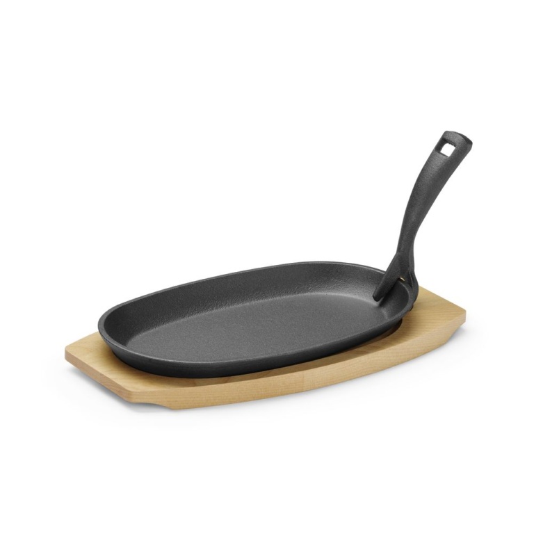 Plat en fonte avec dessous en bois et poignée avec pince_2