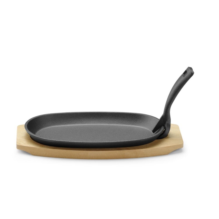 Plat en fonte avec dessous en bois et poignée avec pince